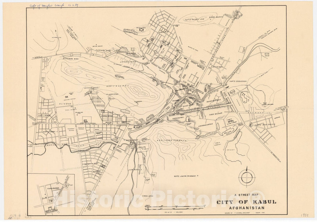 Map : Kabul, Afghanistan 1958, A street map, city of Kabul, Afghanistan , Antique Vintage Reproduction