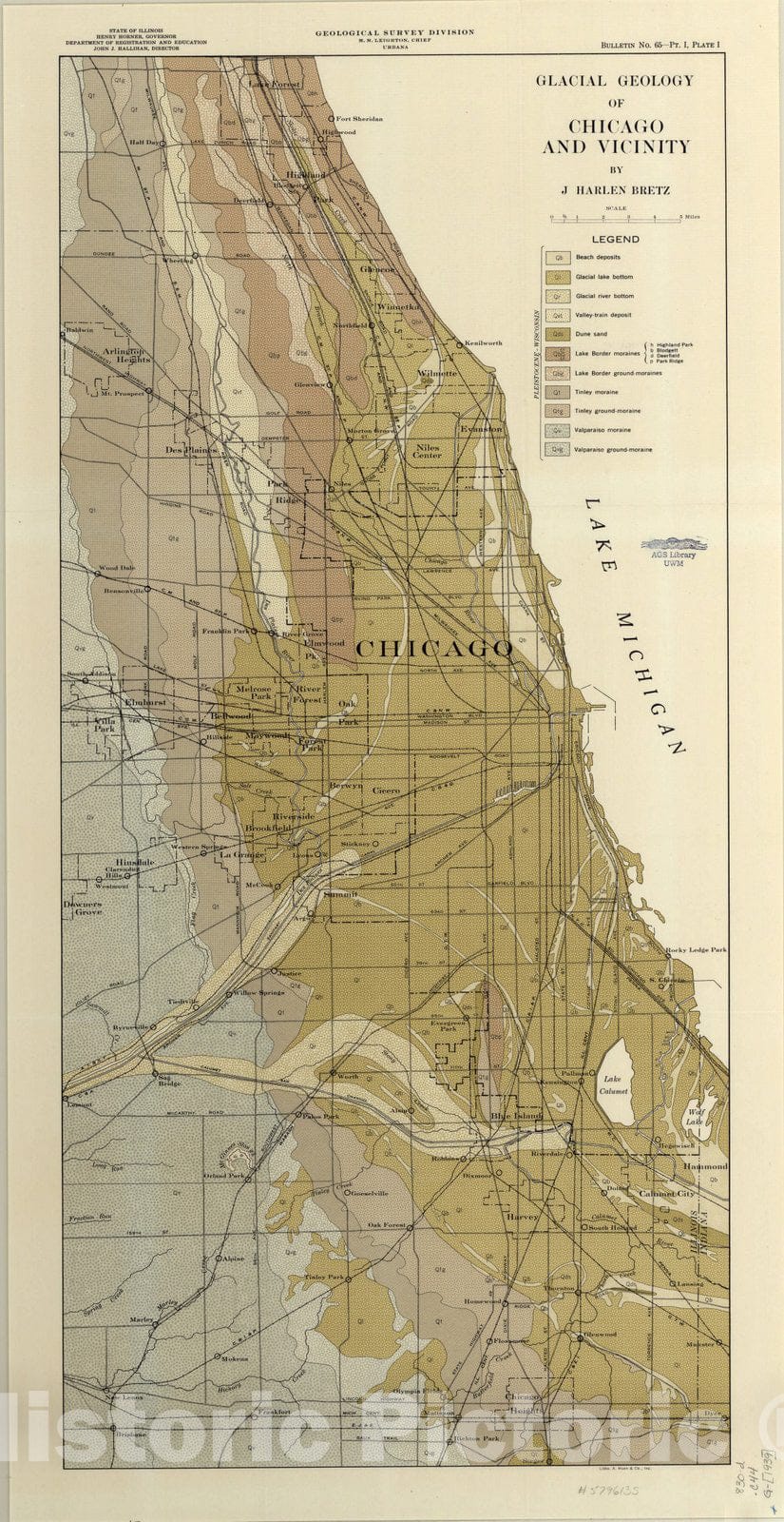 Map : Chicago, Illinois 1939, Glacial geology of Chicago and vicinity , Antique Vintage Reproduction