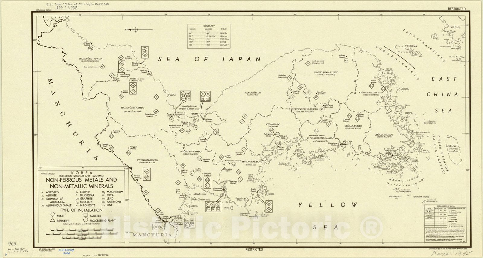 Map : Korea 1945, Korea (including Quelpart and Tsushima) : non-ferrous metals and non-metallic minerals , Antique Vintage Reproduction