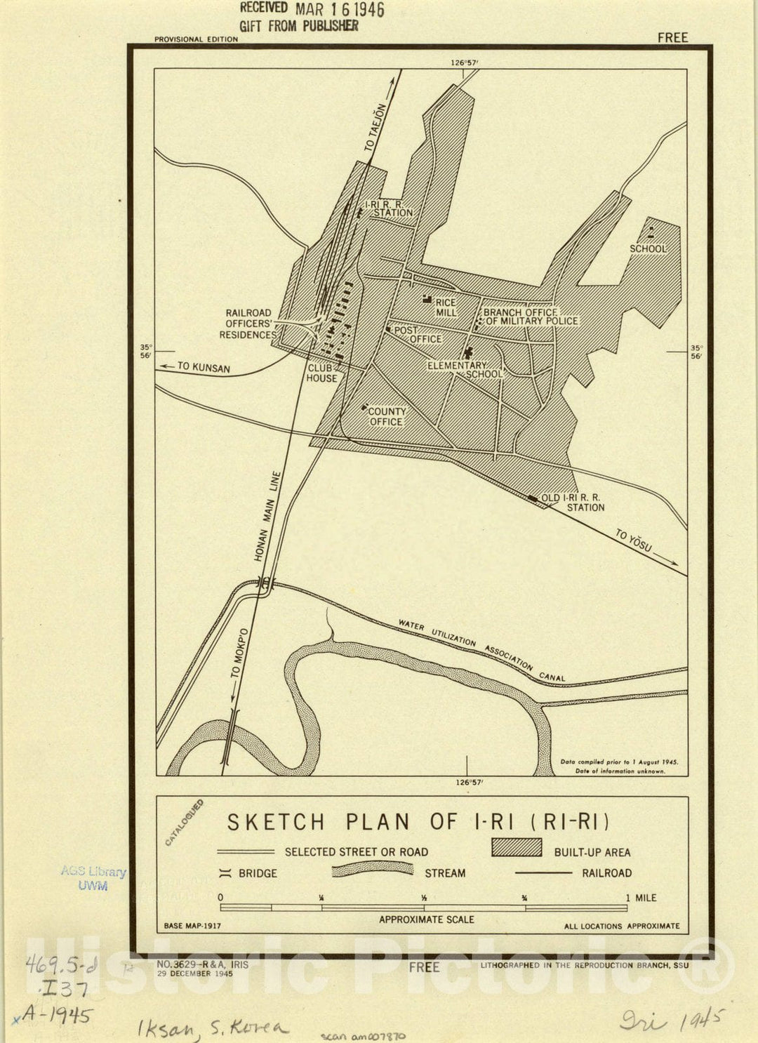 Map : Iri, South Korea 1945, Sketch plan of I-ri (Ri-Ri) , Antique Vintage Reproduction