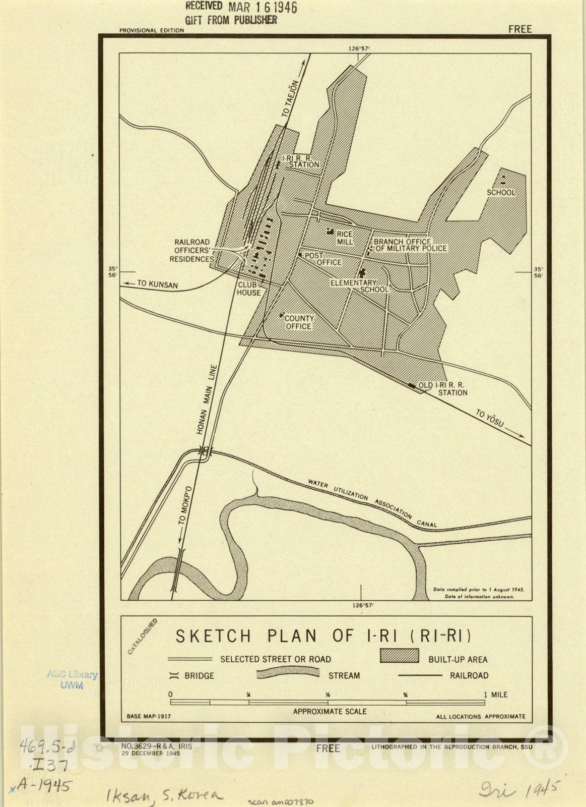 Map : Iri, South Korea 1945, Sketch plan of I-ri (Ri-Ri) , Antique Vintage Reproduction