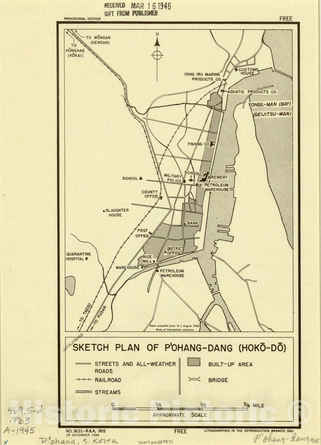 Map : P'ohang, South Korea 1945, Sketch plan of P'ohang-Dang (Hoko-do) , Antique Vintage Reproduction