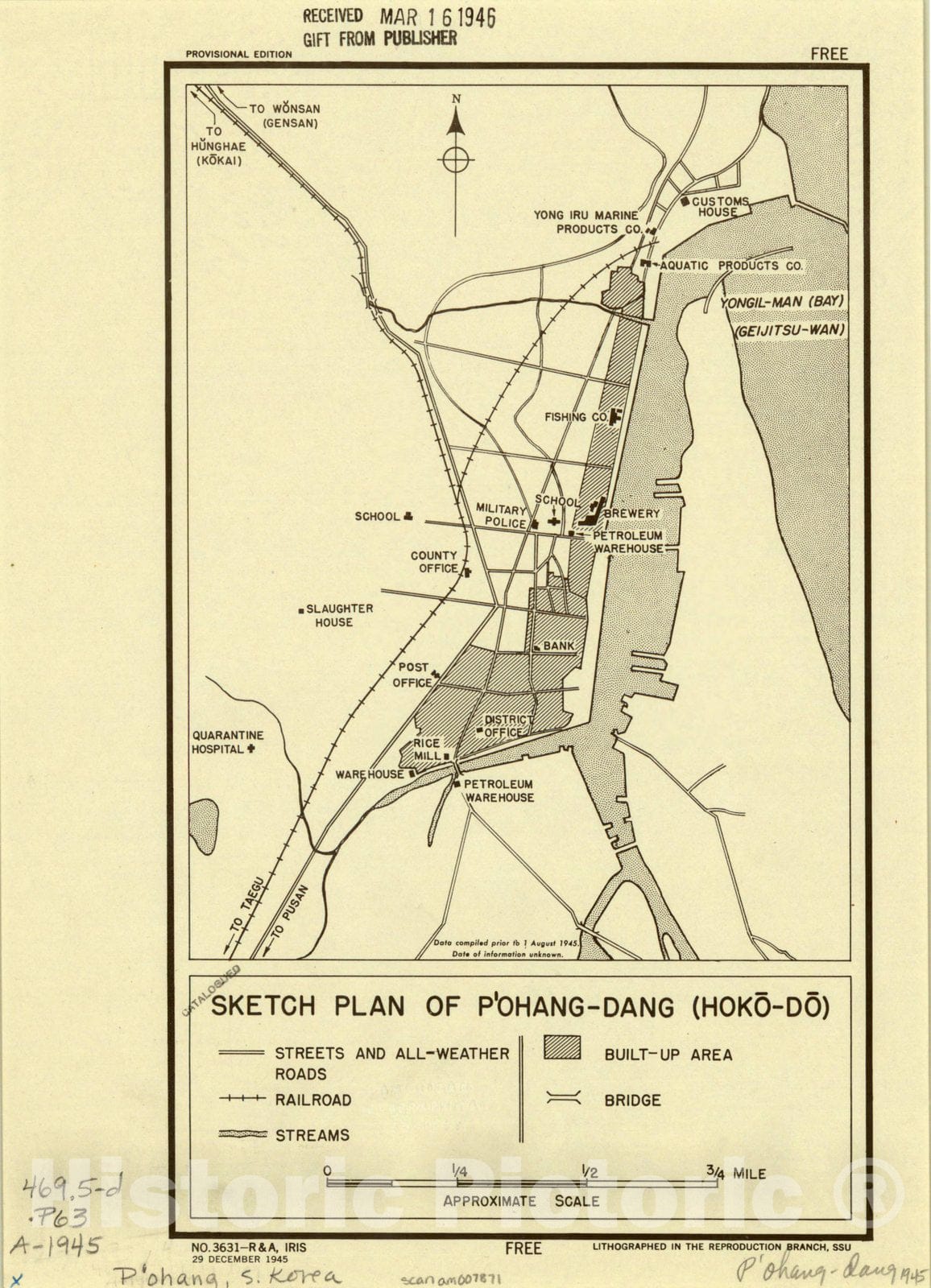 Map : P'ohang, South Korea 1945, Sketch plan of P'ohang-Dang (Hoko-do) , Antique Vintage Reproduction