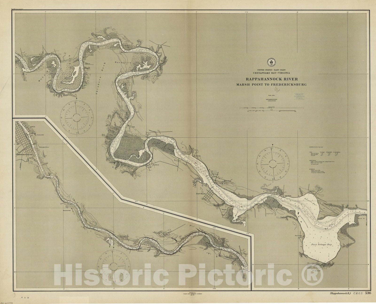 Historic Map : Chesapeake Bay, Virginia 1911, United States - East Coast, Chesapeake Bay - Virginia : Rappahannock River, Marsh Point to Fredericksburg , Antique Vintage Reproduction