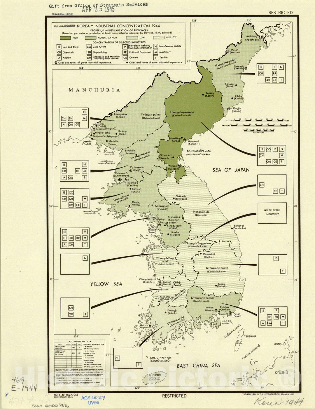 Map : Korea 1944, Korea - industrial concentration, 1944 : degree of industrialization of provinces , Antique Vintage Reproduction