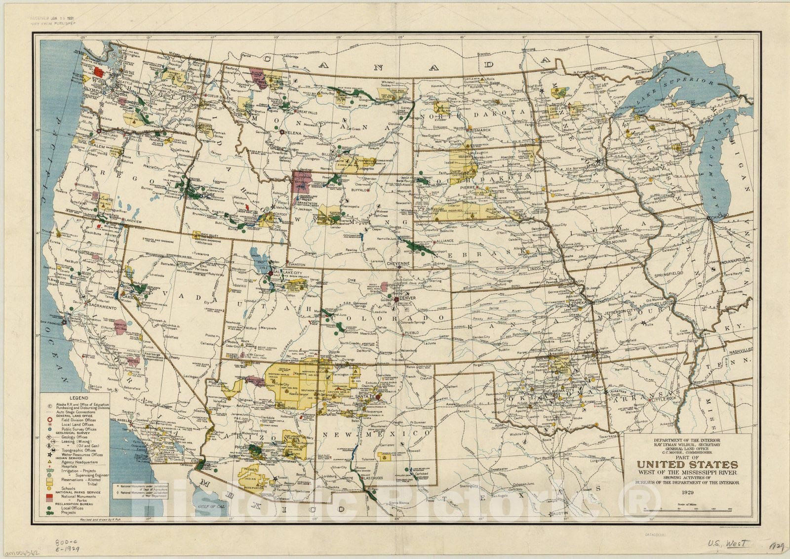 Historic Map : United States 1929, Part of United States west of the Mississippi River : showing activities of Bureaus of the Department of the Interior , Antique Vintage Reproduction