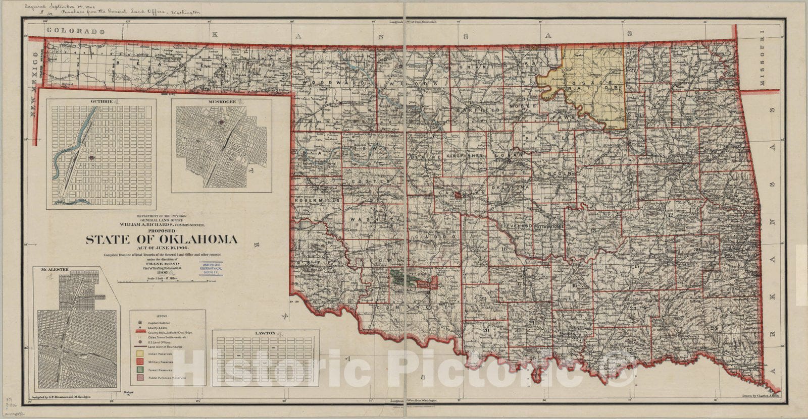 Map : Oklahoma 1906, Proposed state of Oklahoma : Act of June 16, 1906 , Antique Vintage Reproduction