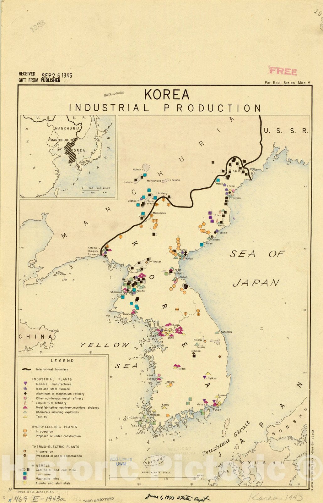 Map : Korea 1943, Korea industrial production , Antique Vintage Reproduction