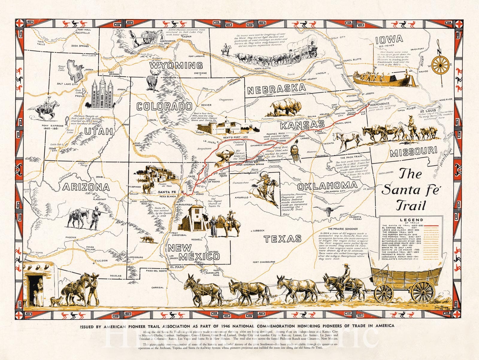 Map : Santa Fe Trail, United States 1946, The Santa Fe Trail , Antique Vintage Reproduction