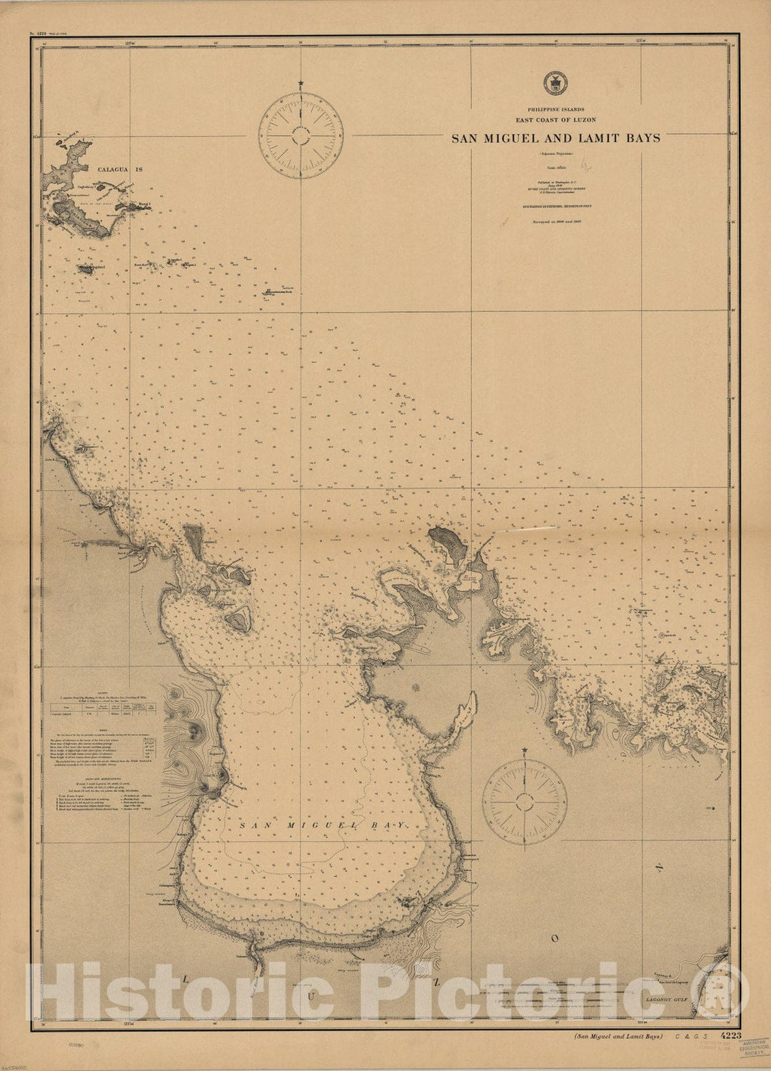 Map : San Miguel and Lamit Bays, Philippines 1909, Philippine Islands, east coast of Luzon : San Miguel and Lamit Bays , Antique Vintage Reproduction
