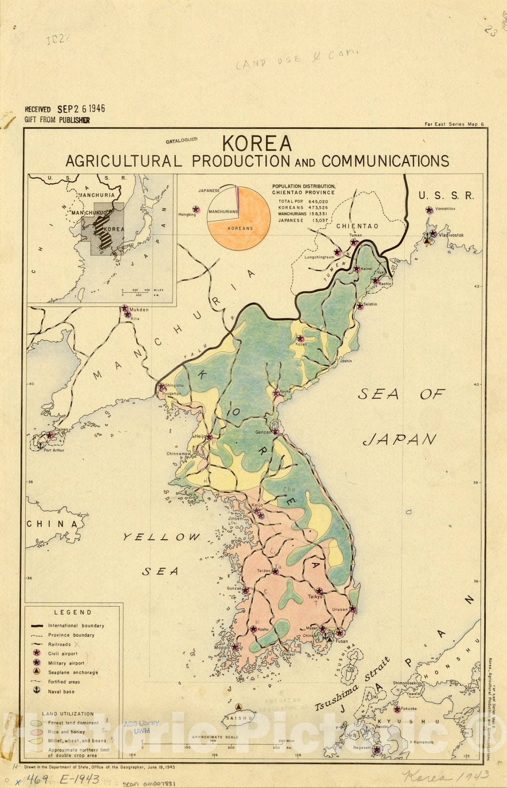 Map : Korea 1943, Korea agricultural production and communications , Antique Vintage Reproduction