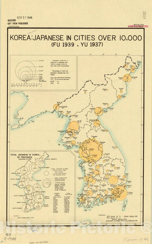 Map : Korea 1944, Korea : Japanese in cities over 10,000 : (fu 1939, yu 1937) , Antique Vintage Reproduction