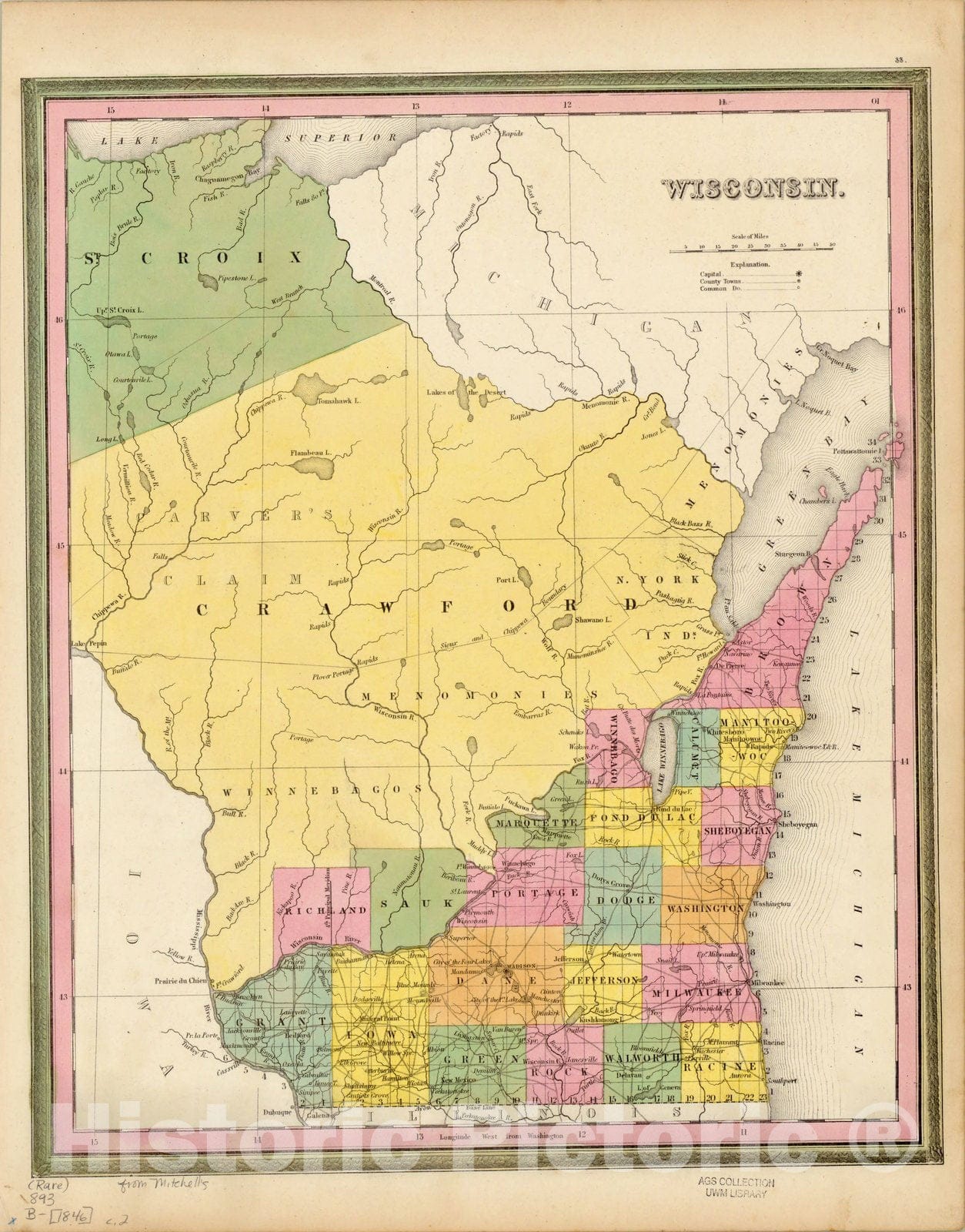 Map : Wisconsin 1846, Wisconsin. New universal atlas, Antique Vintage Reproduction