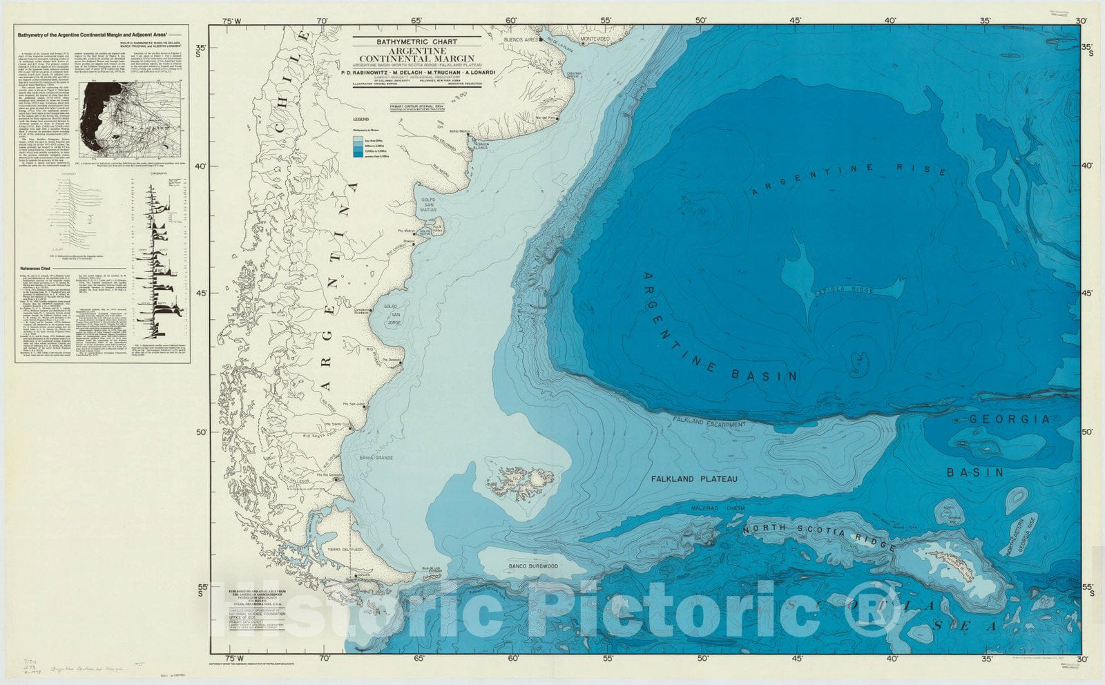 Map : Argentina 1978, Sediment isopach map, Argentine continental margin, Argentine shelf, Argentine Basin, Falkland Plateau , Antique Vintage Reproduction