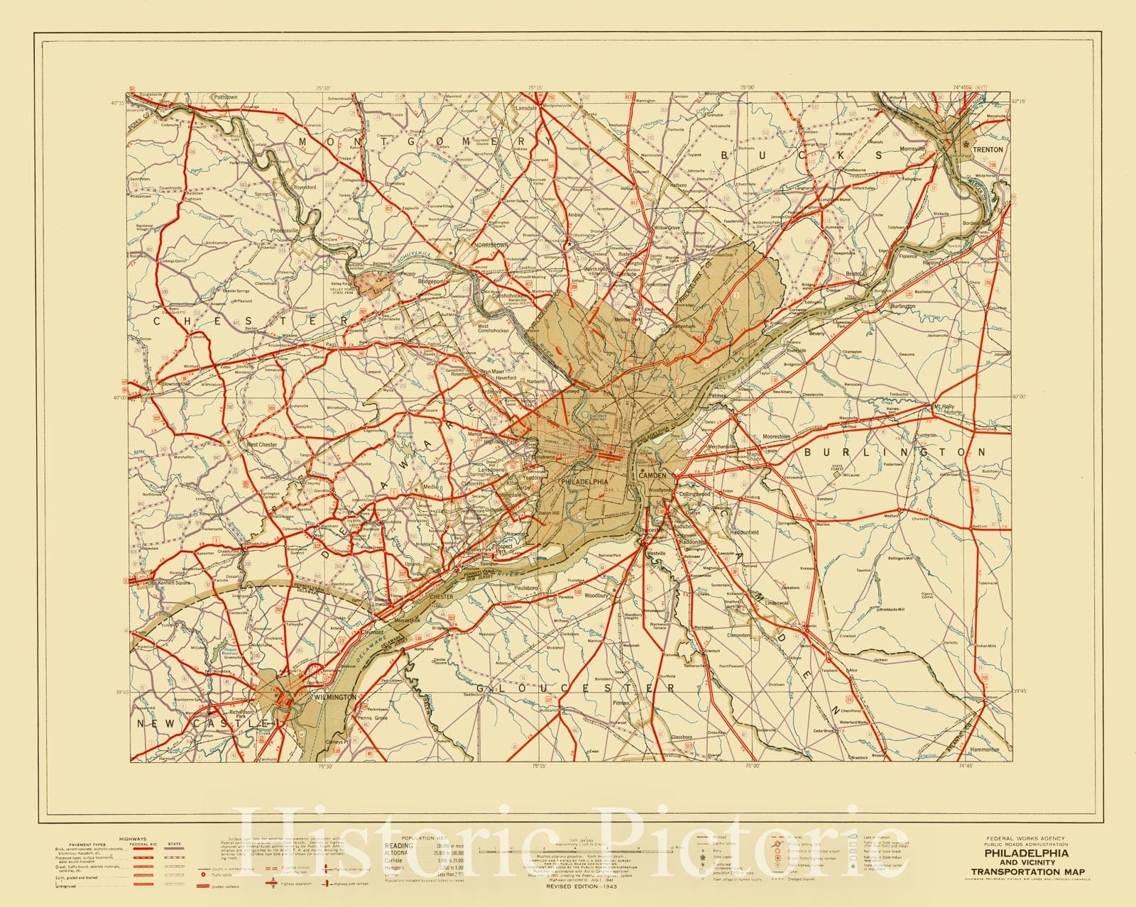 Map : Philadelphia, Pennsylvania 1943, Highways, railroads, canals, air lanes, and dredged channels , Antique Vintage Reproduction