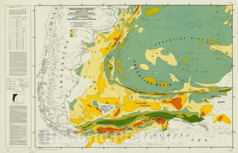 Map : Argentina 1977, Free-air gravity anomalies, Argentine continental margin, Argentine Basin, North Scotia Ridge, Falkland Plateau , Antique Vintage Reproduction