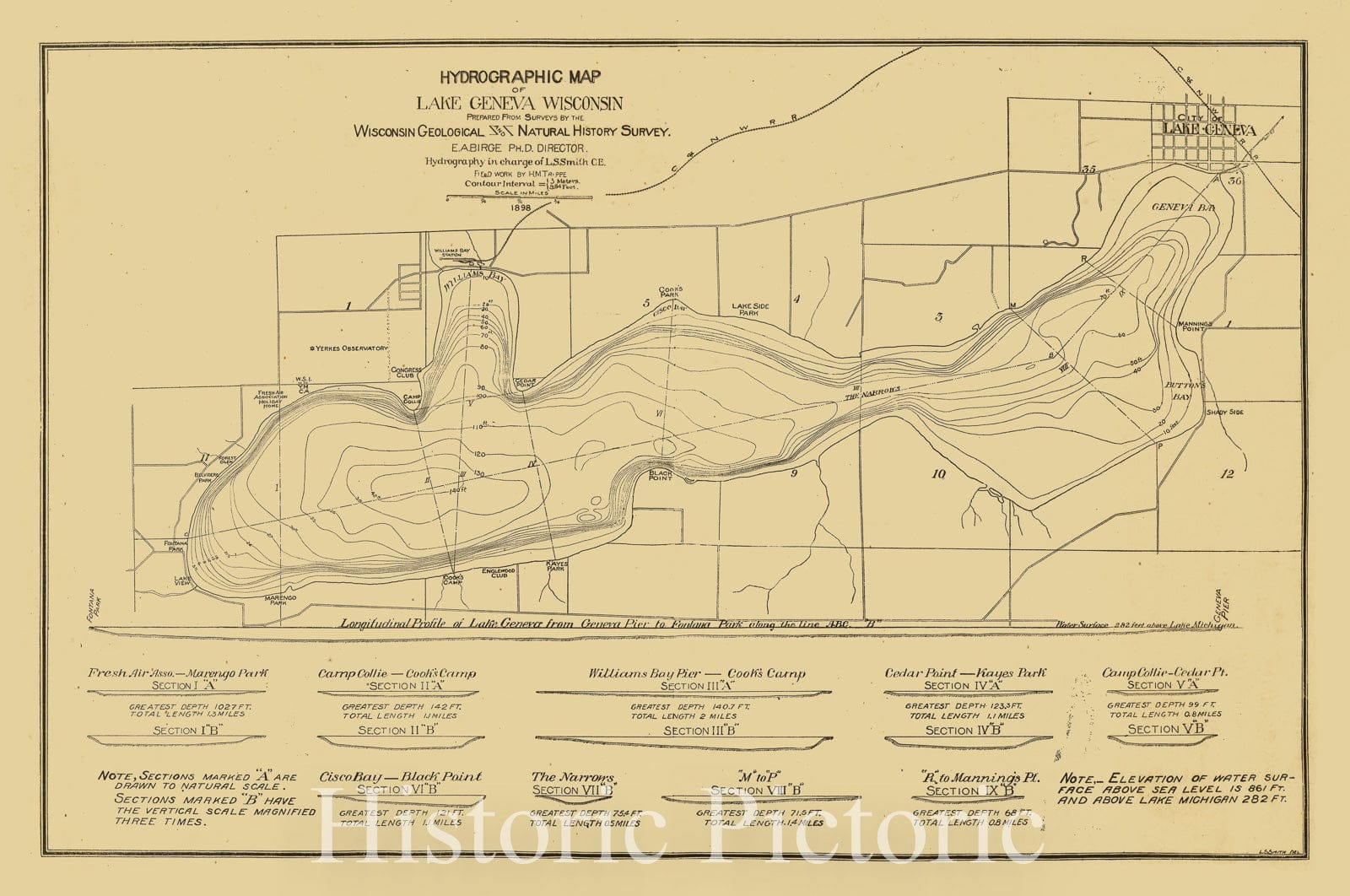 Map : Lake Geneva, Wisconsin 1898, Hydrographic map of Lake Geneva, Wisconsin , Antique Vintage Reproduction