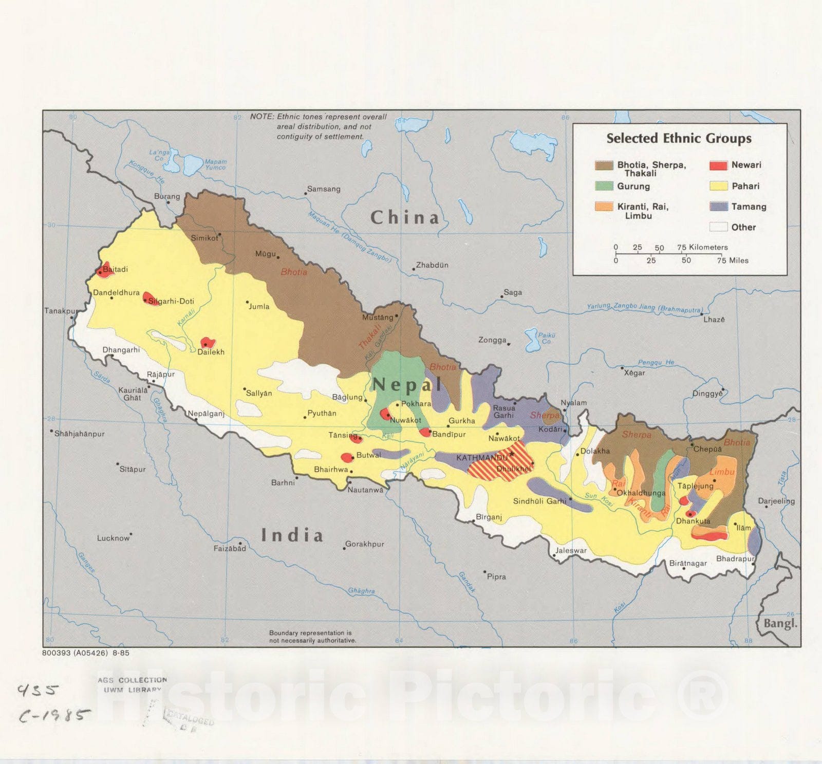 Map : Nepal 1985, Selected ethnic groups [Nepal], Antique Vintage Reproduction