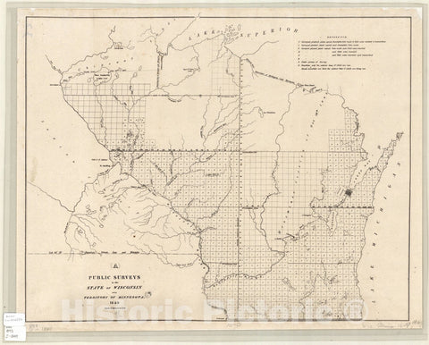 Map : Wisconsin and Minnesota Territory 1849, Public surveys in the state of Wisconsin and territory of Minnesota, Antique Vintage Reproduction