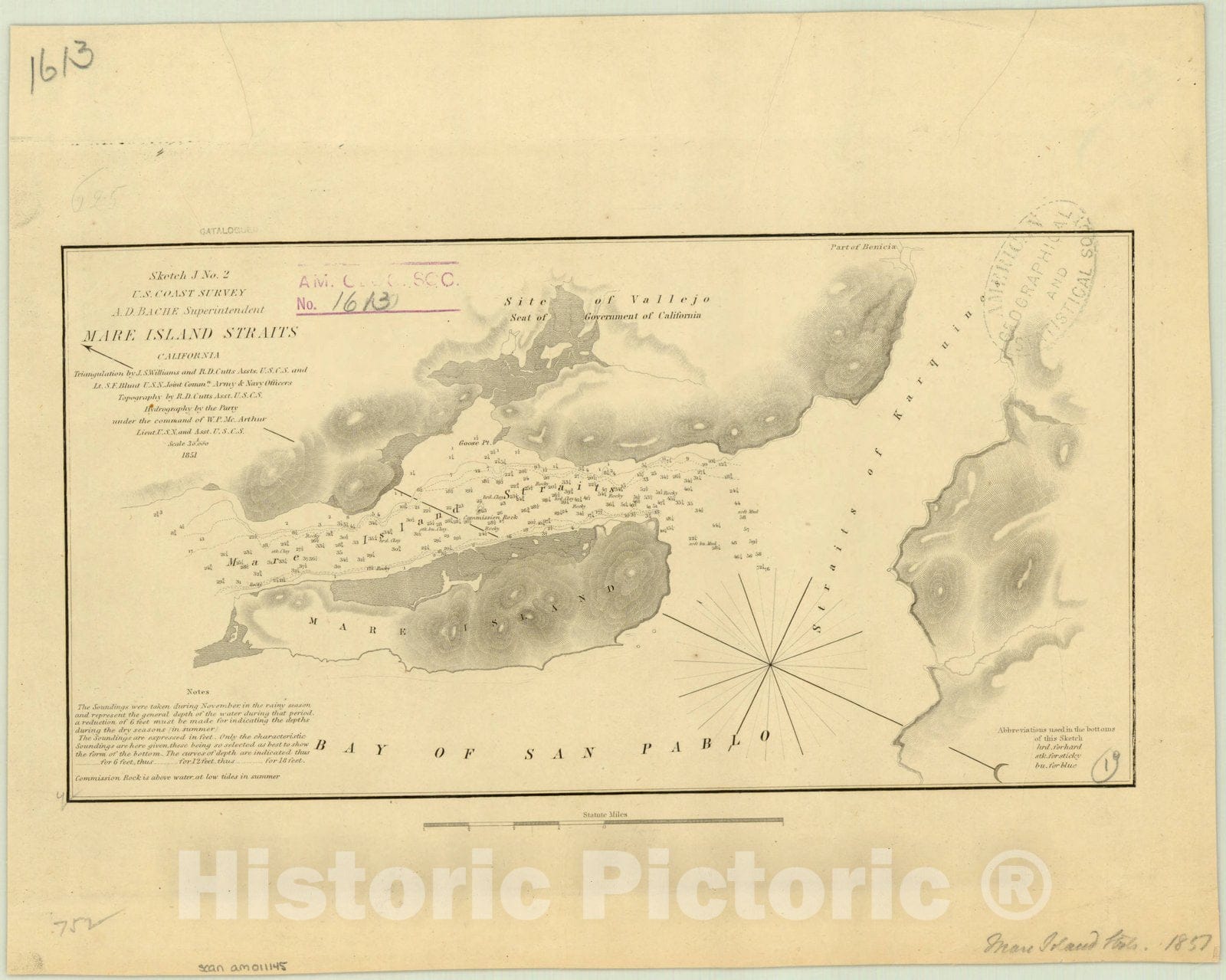Map : Mare Island Straits, California 1851, Mare Island Straits, California, Antique Vintage Reproduction