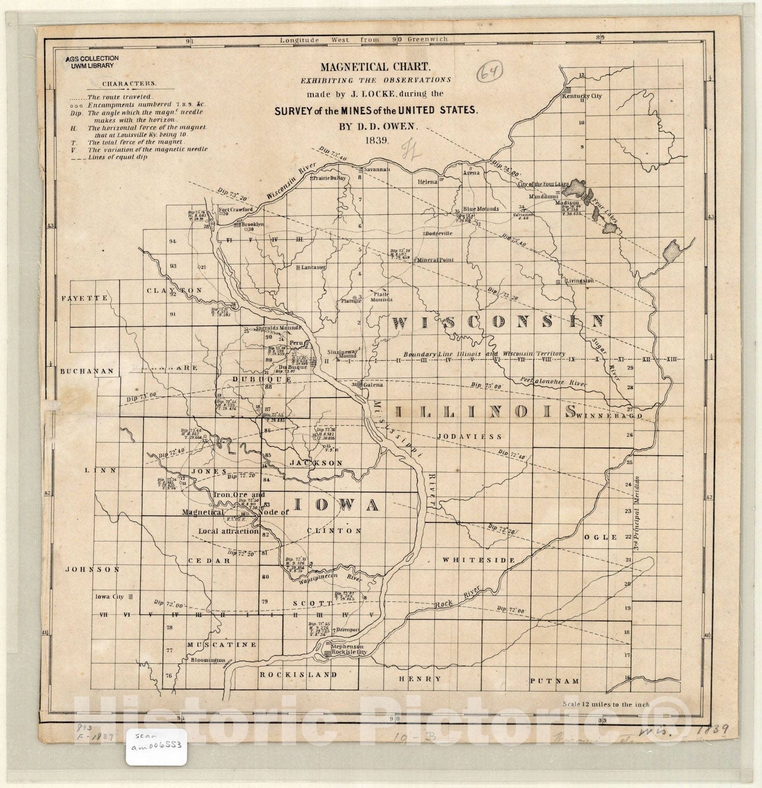 Map : Wisconsin, Illinois, Iowa and Minnesota 1839, Magnetical chart, exhibiting the observations made by J. Locke during the survey of the mines of the United States