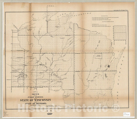 Map : Wisconsin and Minnesota 1861, Sketch of the public surveys in the state of Wisconsin and state of Minnesota , Antique Vintage Reproduction