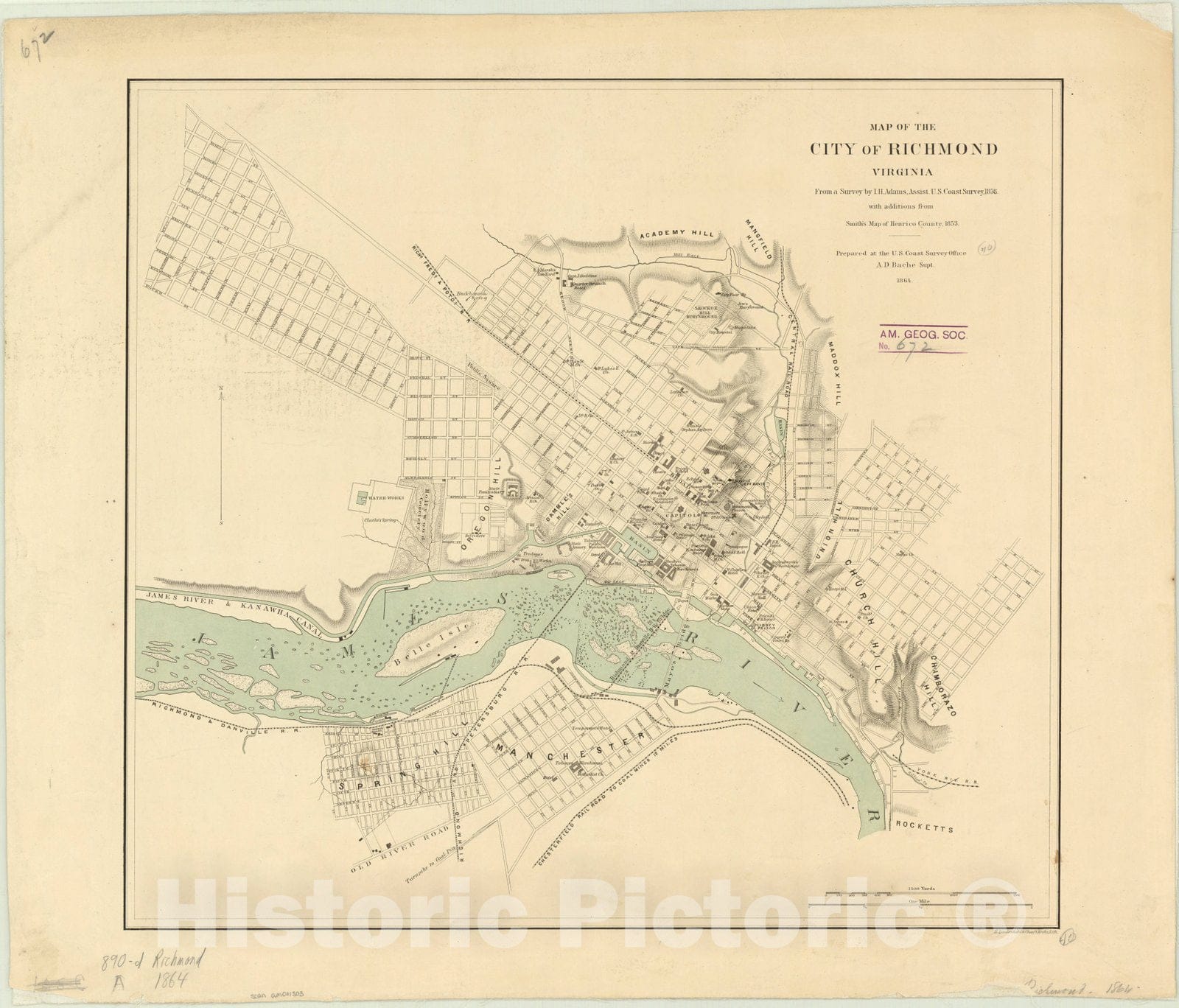 Map : Richmond, Virginia 1864, Map of the city of Richmond, Virginia , Antique Vintage Reproduction