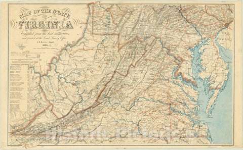 Map : Virginia 1865, Map of the State of Virginia , Antique Vintage Reproduction