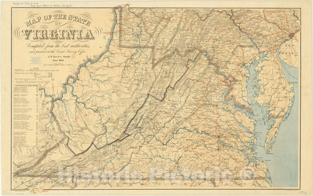 Map : Virginia 1864 1, Map of the state of Virginia , Antique Vintage Reproduction