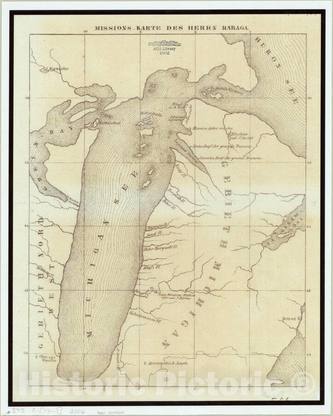 Map : Michigan 17--?, Missions-karte des Herrn Baraga, Antique Vintage Reproduction