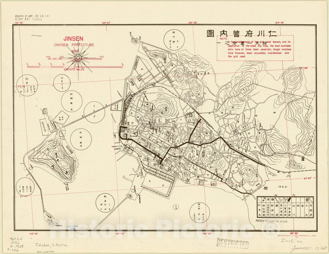 Map : Inchon (Korea) 192, Jinsen, Chosen Prefecture 1928 , Antique Vintage Reproduction