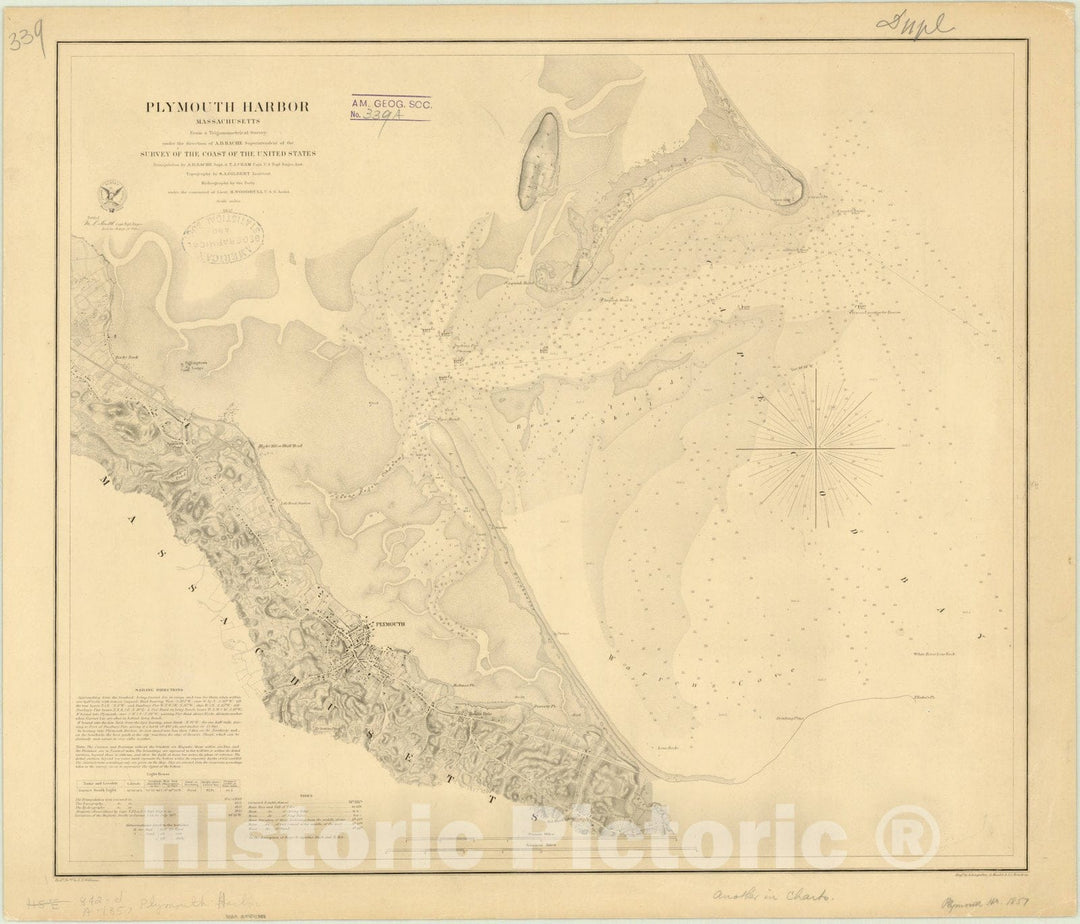 Map : Plymouth Harbor, Massachusetts 1857, Plymouth Harbor, Massachusetts , Antique Vintage Reproduction