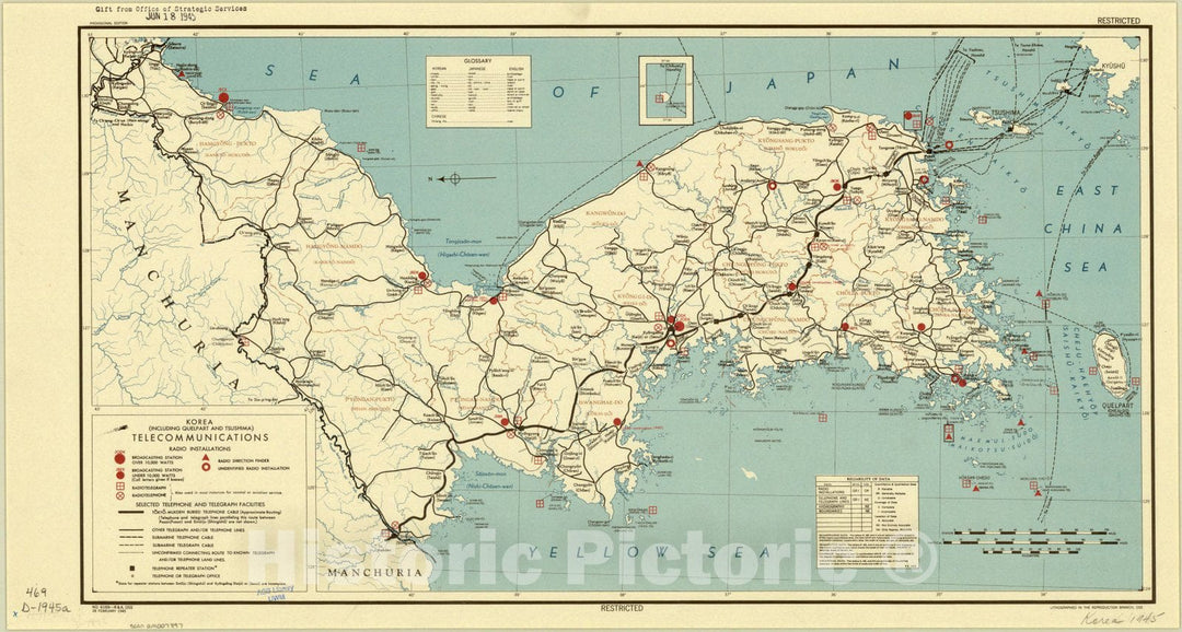 Map : Korea 1945, Korea (including Quelpart and Tsushima) telecommunications , Antique Vintage Reproduction