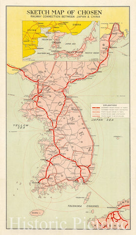 Map : Korea 1928, Sketch map of Chosen : railway connection between Japan and China, Antique Vintage Reproduction