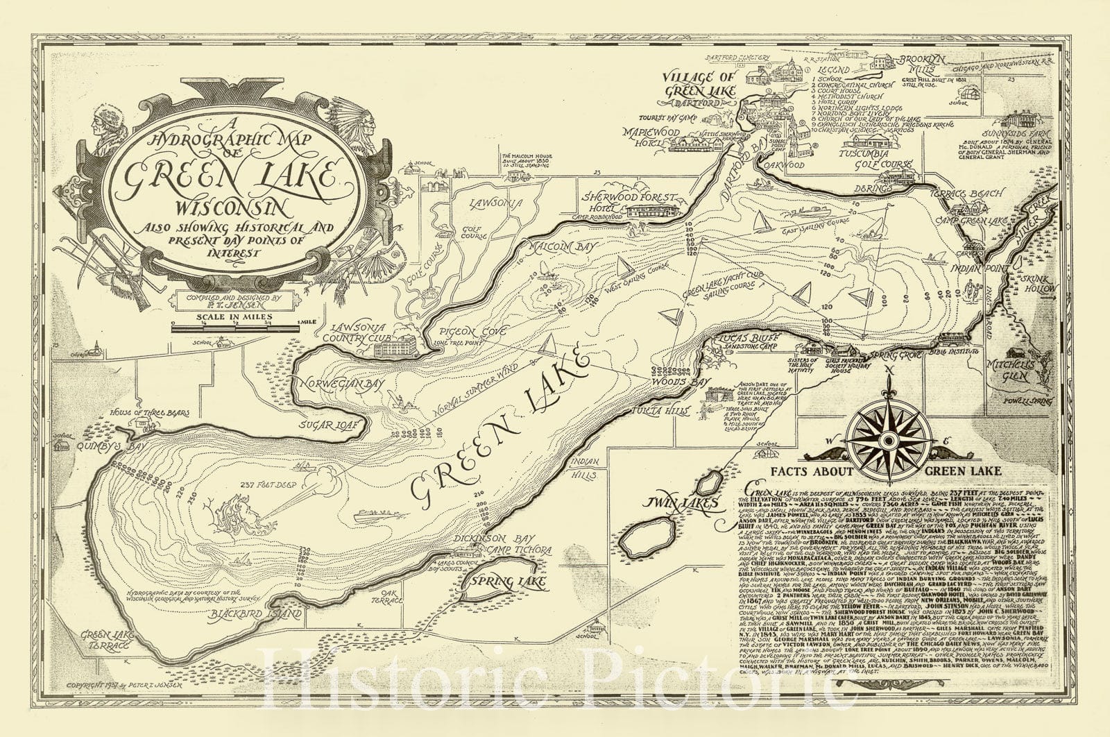 Historic Map : Green Lake, Wisconsin 1937, A hydrographic map of Green Lake, Wisconsin : also showing historical and present day points of interest , Antique Vintage Reproduction