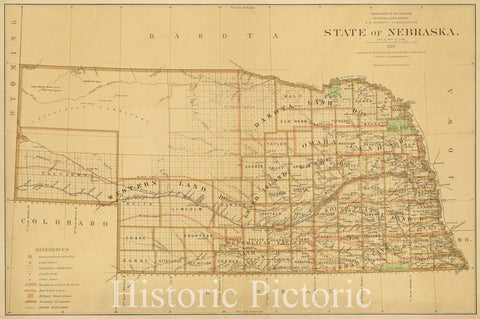 Map : Nebraska 1876, State of Nebraska : compiled from the official records of the General Land Office and other sources , Antique Vintage Reproduction