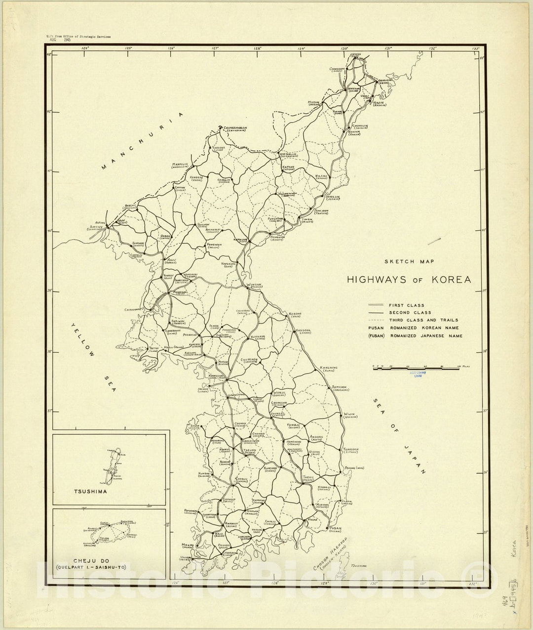 Map : Korea Highways 1945, Sketch map : Highways of Korea, Antique Vintage Reproduction