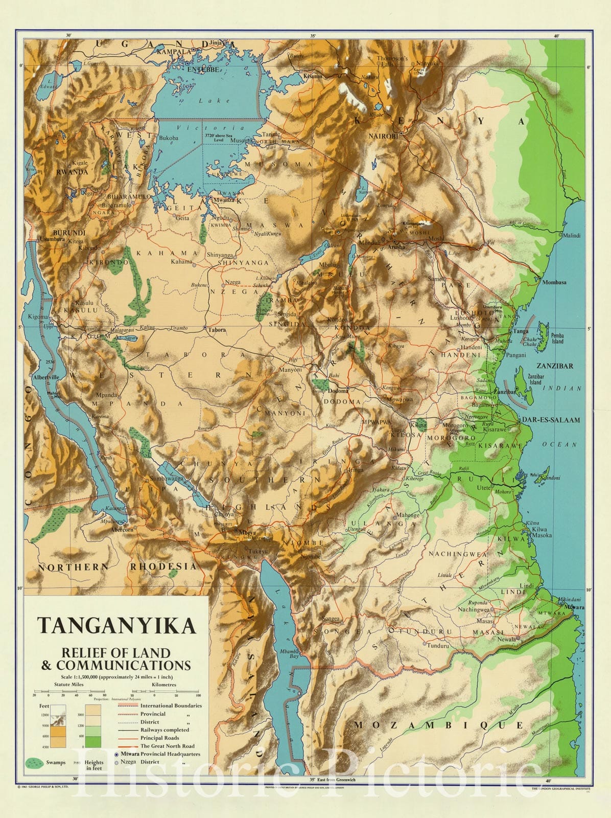 Map : Tanganyika, Tanzania, Tanganyika, relief of land & communications , Antique Vintage Reproduction