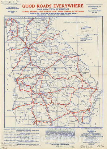 Map : Georgia 1916, National highways preliminary map of the state of Georgia : showing three thousand miles of national highways, Antique Vintage Reproduction