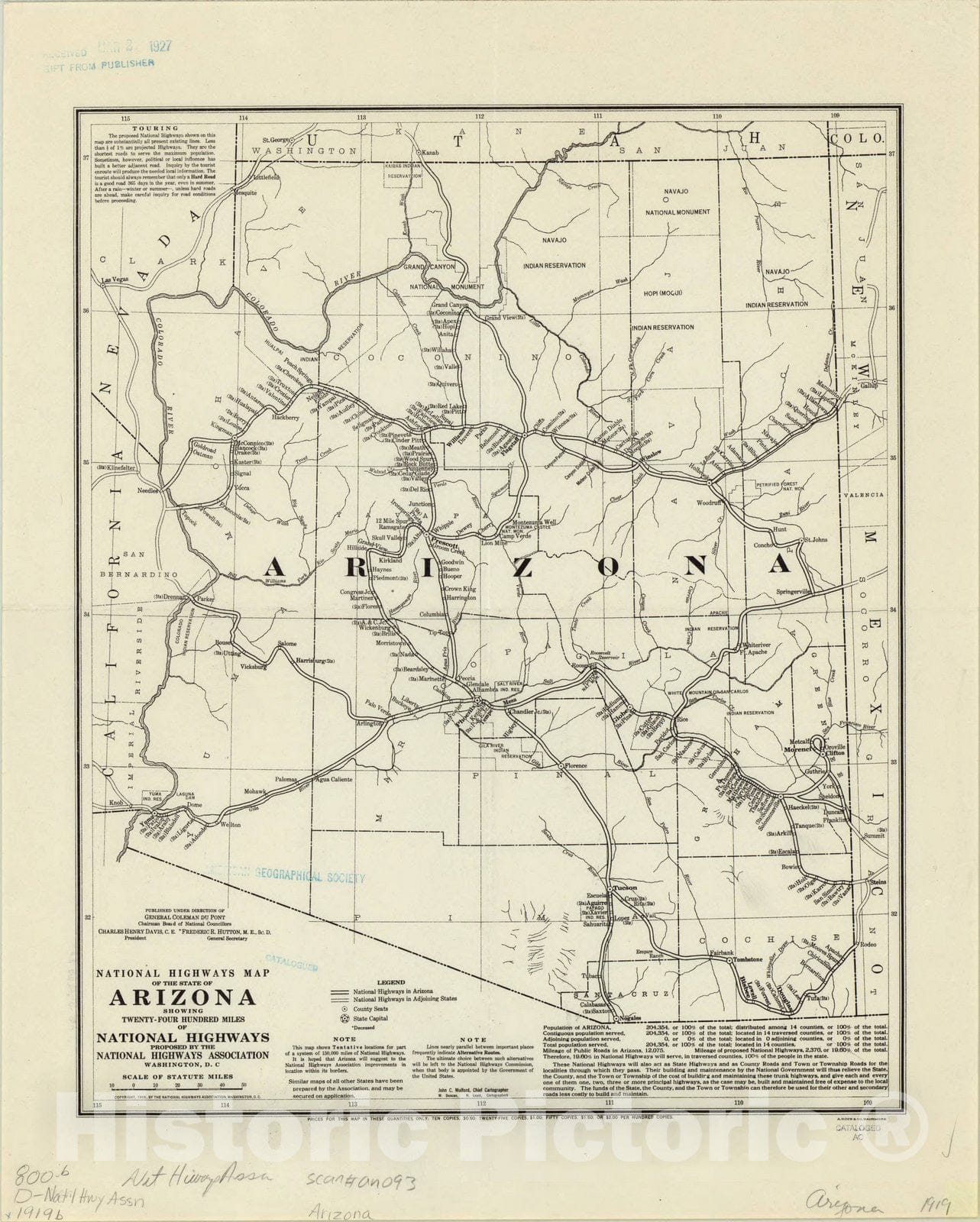 Map : Arizona 1919, National highways map of the state of Arizona showing twenty-four hundred miles of national highways