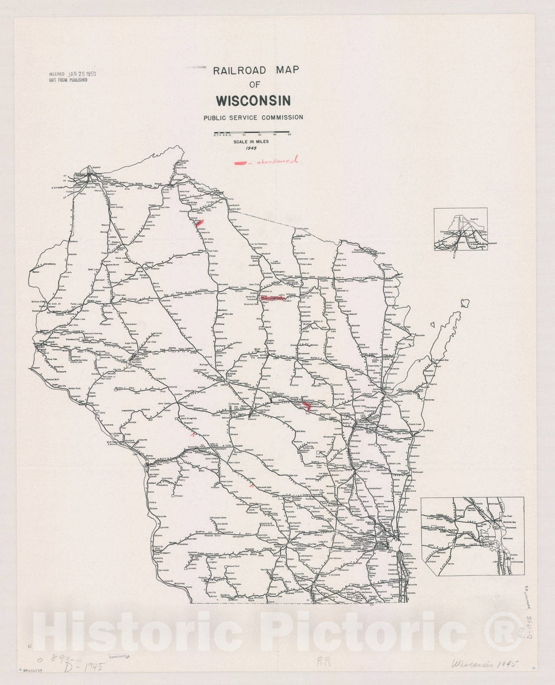 Map : Wisconsin 1945, Railroad map of Wisconsin , Antique Vintage Reproduction