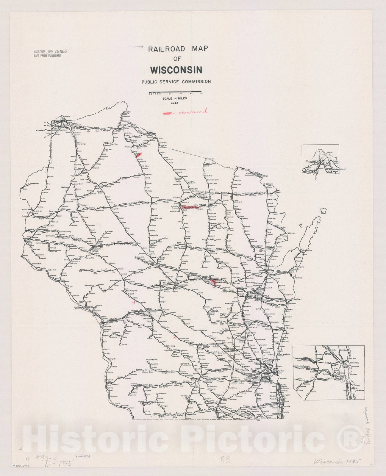 Map : Wisconsin 1945, Railroad map of Wisconsin , Antique Vintage Reproduction