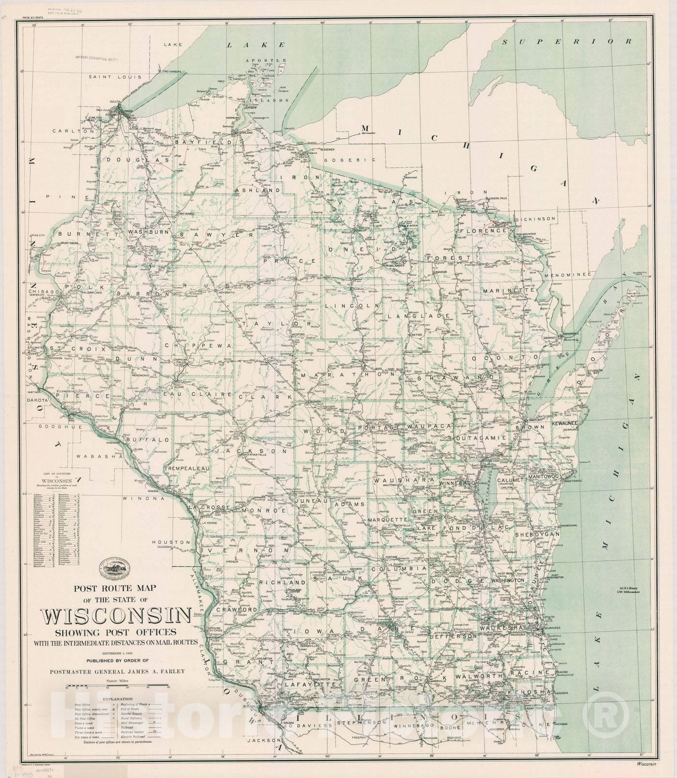 Map : Wisconsin 1935, Post route map of the state of Wisconsin : showing post offices with the intermediate distances on mail routes , Antique Vintage Reproduction