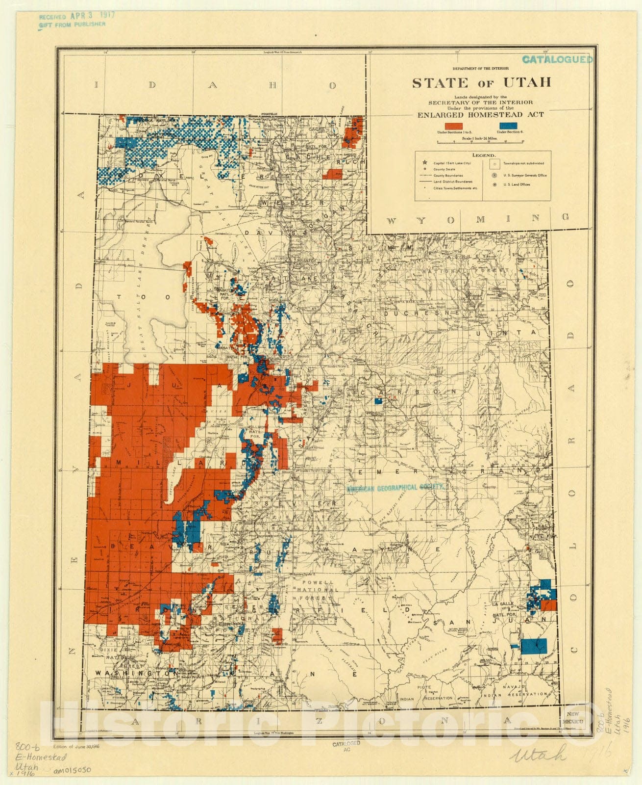 Map : Utah 1916, State of Utah : lands designated by the Secretary of the Interior under the provisions of the enlarged Homestead Act , Antique Vintage Reproduction