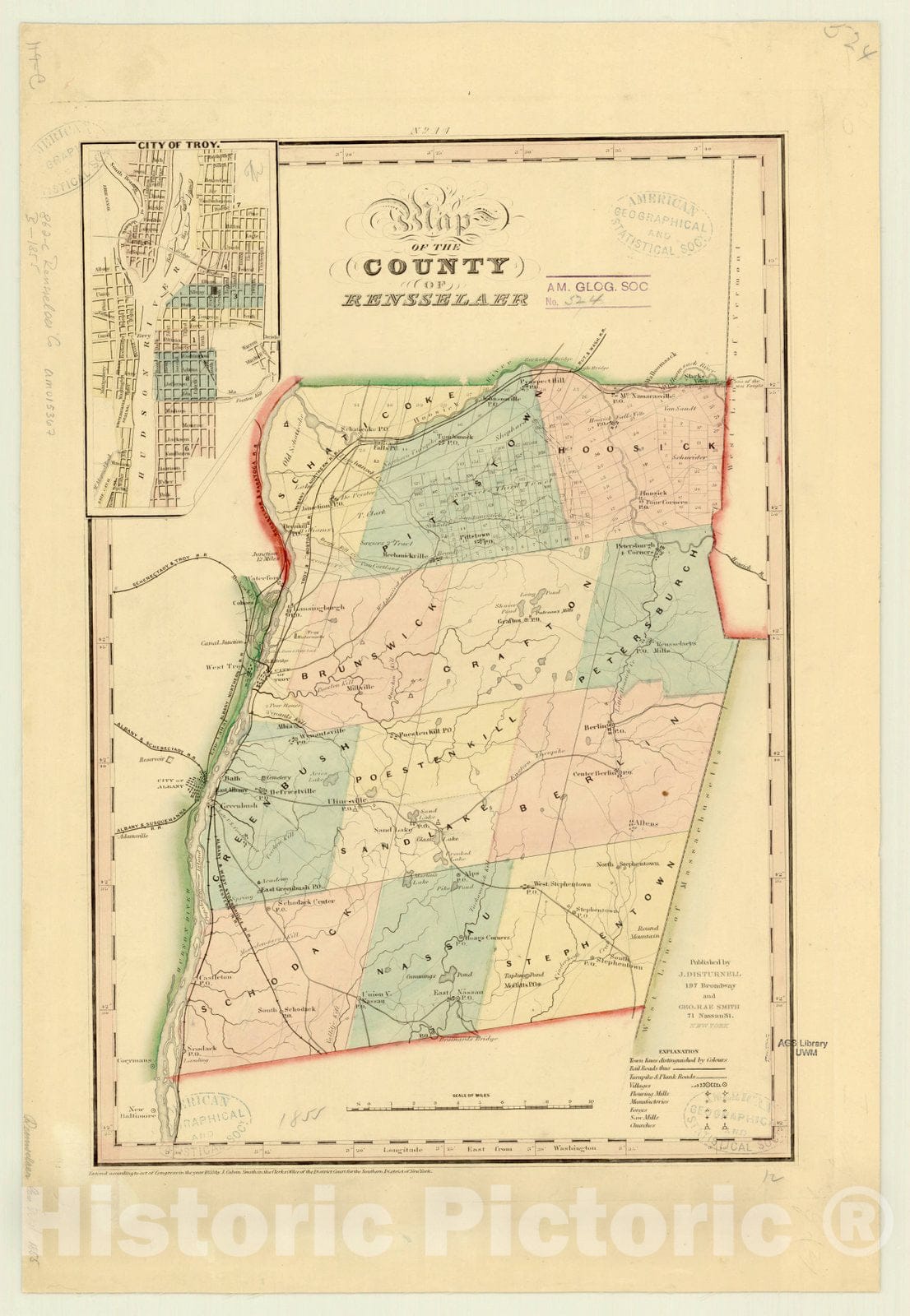 Map : Rensselaer county, New York 1855, Map of the County of Rensselaer, [New York State] , Antique Vintage Reproduction