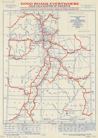 Map : Utah 1916, National highways preliminary map of the state of Utah : showing twenty-five hundred miles of national highways, Antique Vintage Reproduction