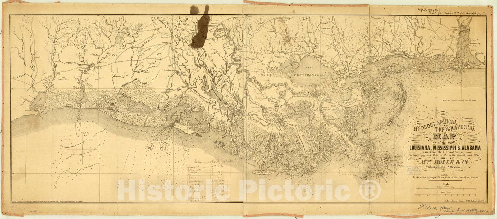 Map : Louisiana 1861, Hydrographical & topographical map of parts of the states of Louisiana, Mississippi & Alabama , Antique Vintage Reproduction