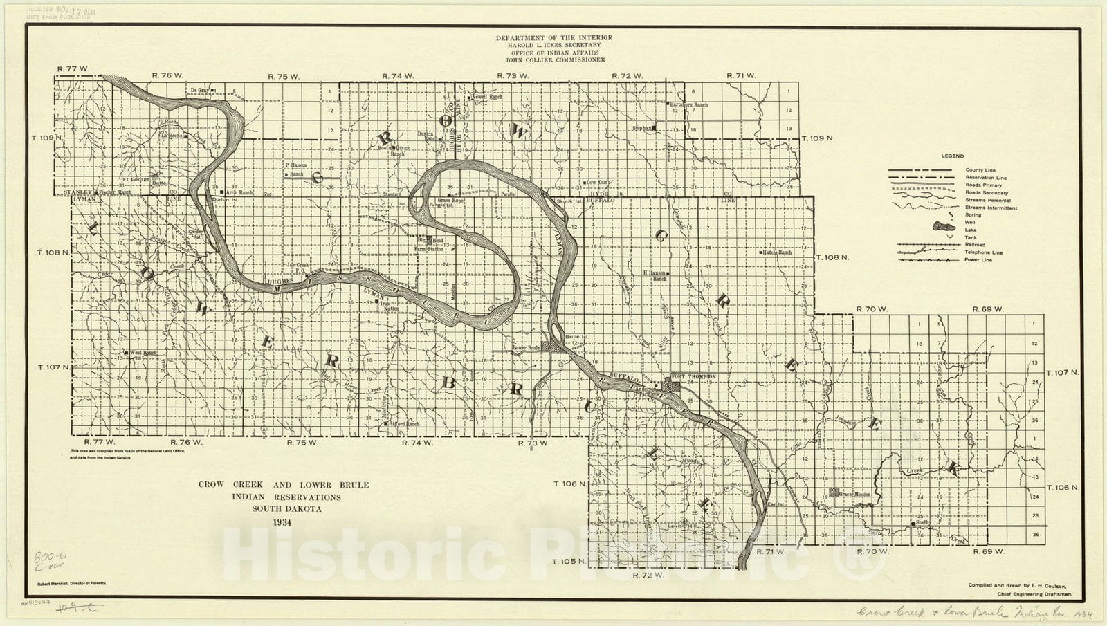 Map : South Dakota 1934, Crow Creek and Lower Brule Indian Reservations, South Dakota 1934 , Antique Vintage Reproduction