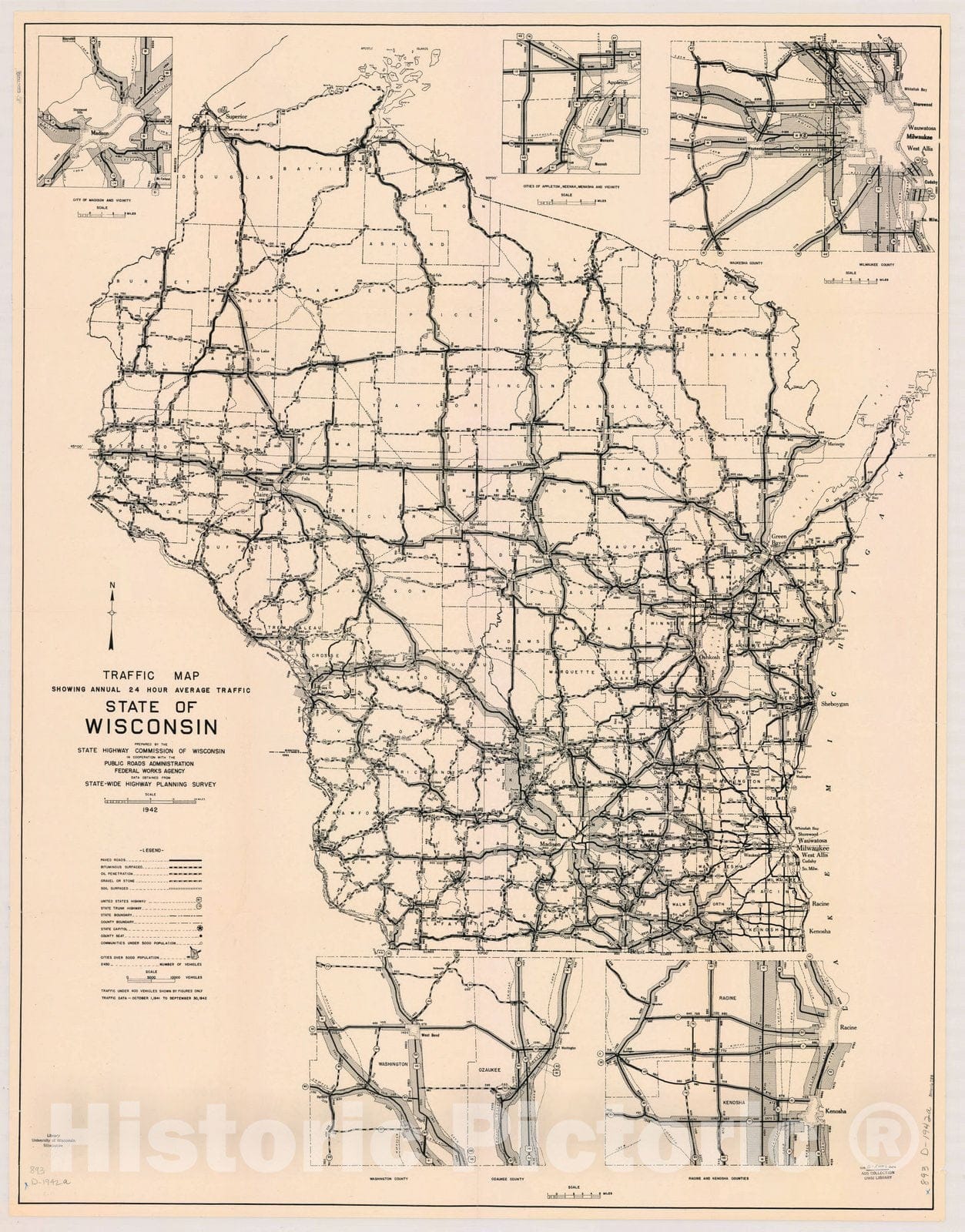 Map : Wisconsin 1942, Traffic map, showing annual 24 hour average traffic, state of Wisconsin , Antique Vintage Reproduction