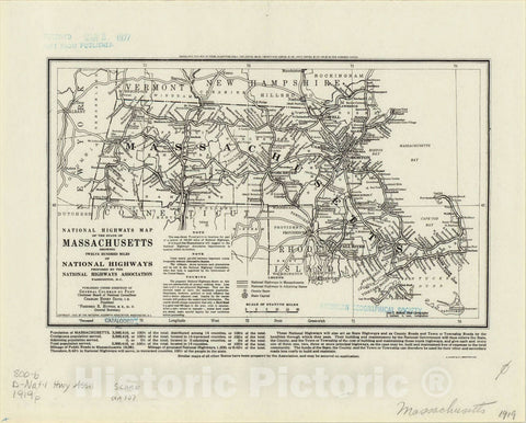 Map : Massachusetts 1919, National Highways map of the State of Massachusetts : showing twelve hundred miles of national highways, Antique Vintage Reproduction
